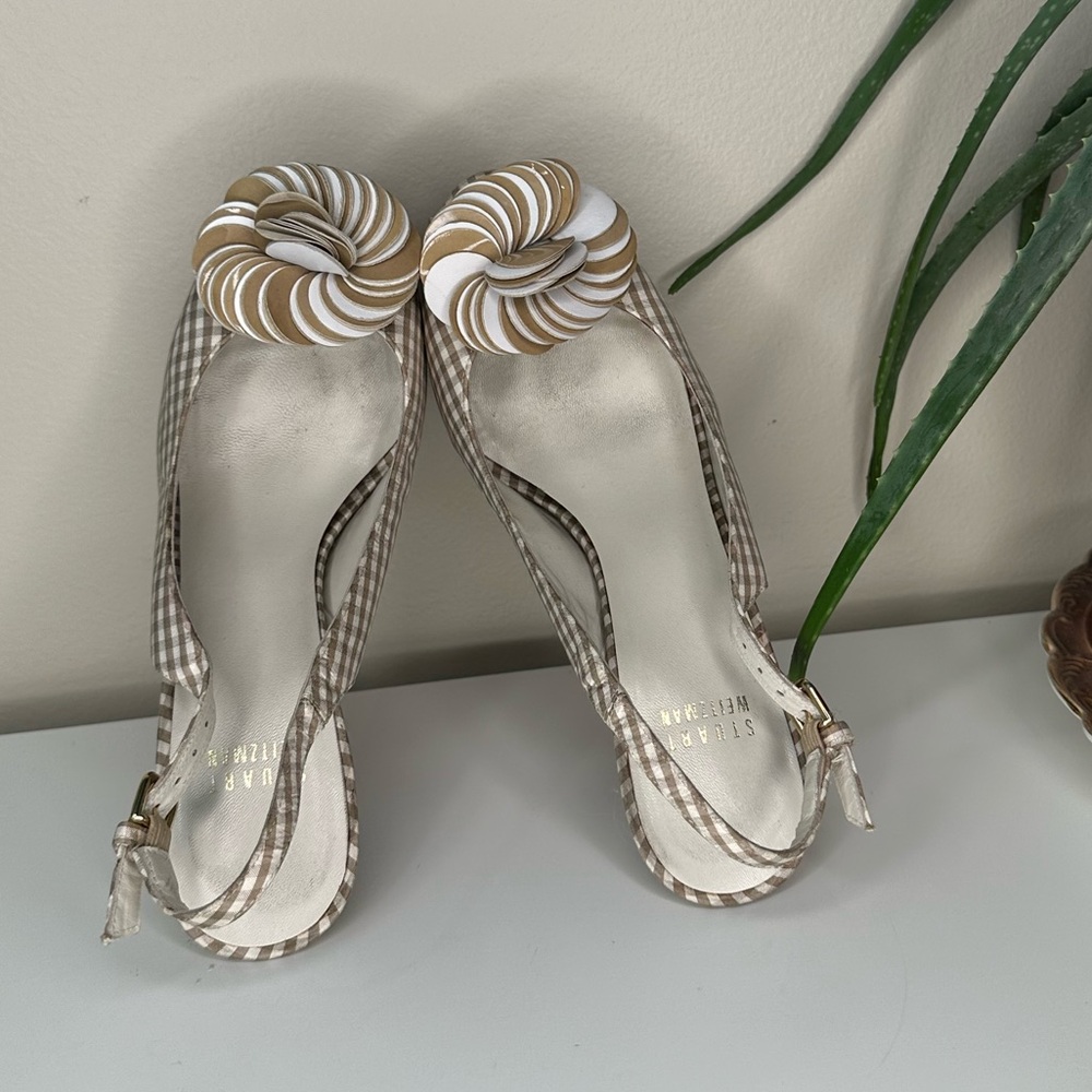 Stuart Weitzman Gingham Slingback Heels 7M | Platform Peep Toe Floral Bow - Picture 7 of 14